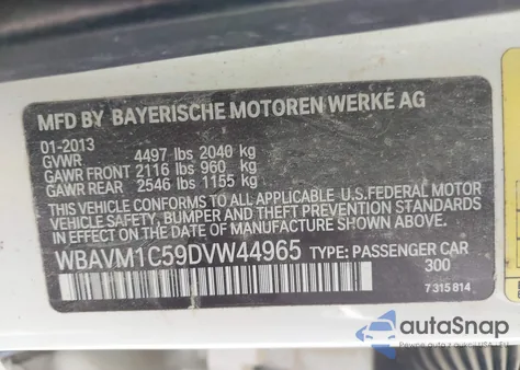 2013 BMW X1 Sdrive28I из США, поврежденный, VIN WBAVM1C59DVW44965